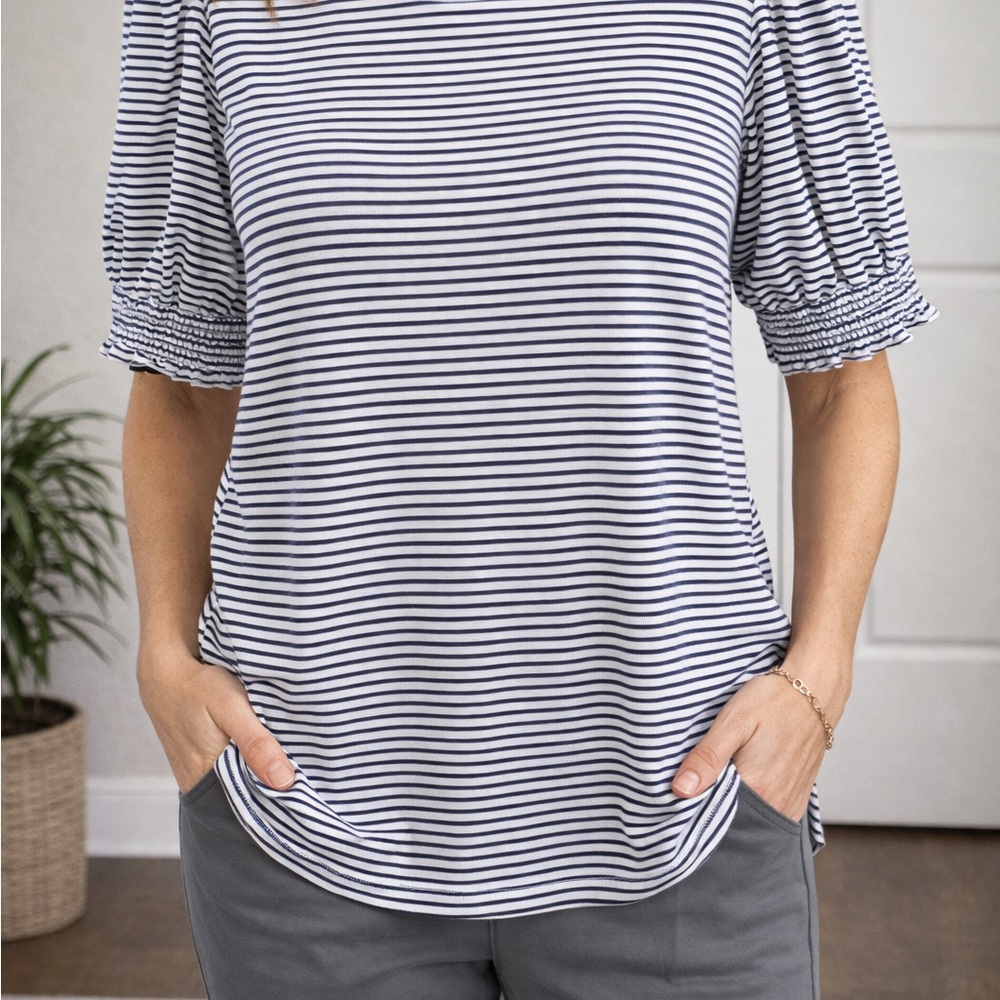 Classic Blue and White Striped Short Sleeve Top
